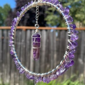 Handmade Wrapped Amethyst Sun Catcher Hoop, Silver Tone Accents