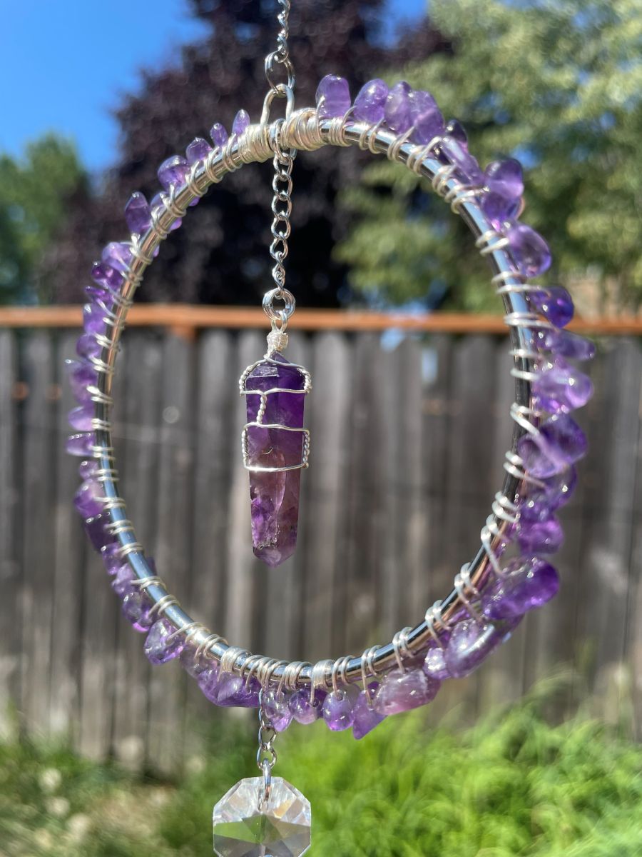 Handmade Wrapped Amethyst Sun Catcher Hoop, Silver Tone Accents