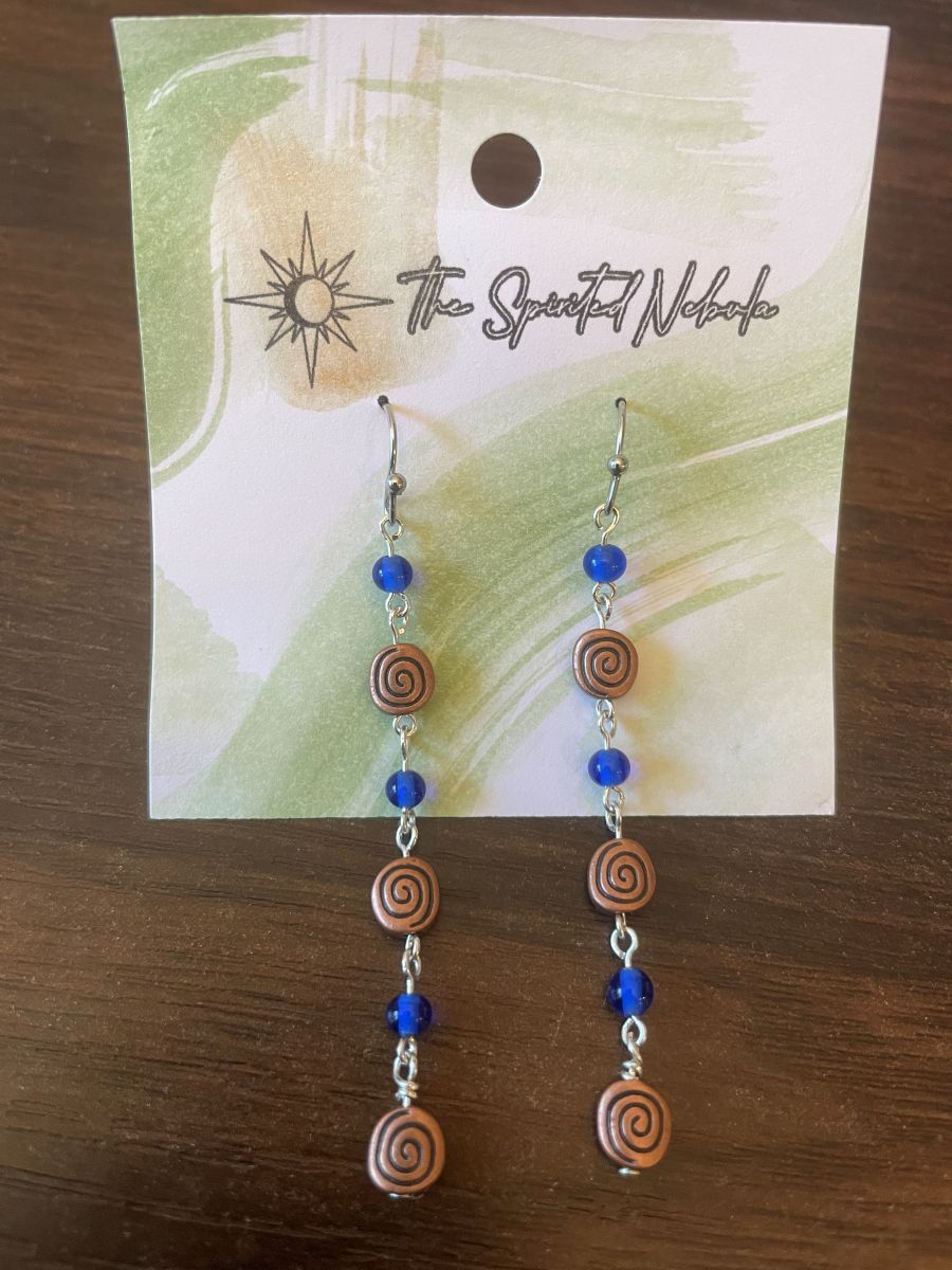 Handmade Earrings, Dangle Blue Glass Beads and Copper Swirl, with Stainless Steel Fishhook Ear Wire - Image 5
