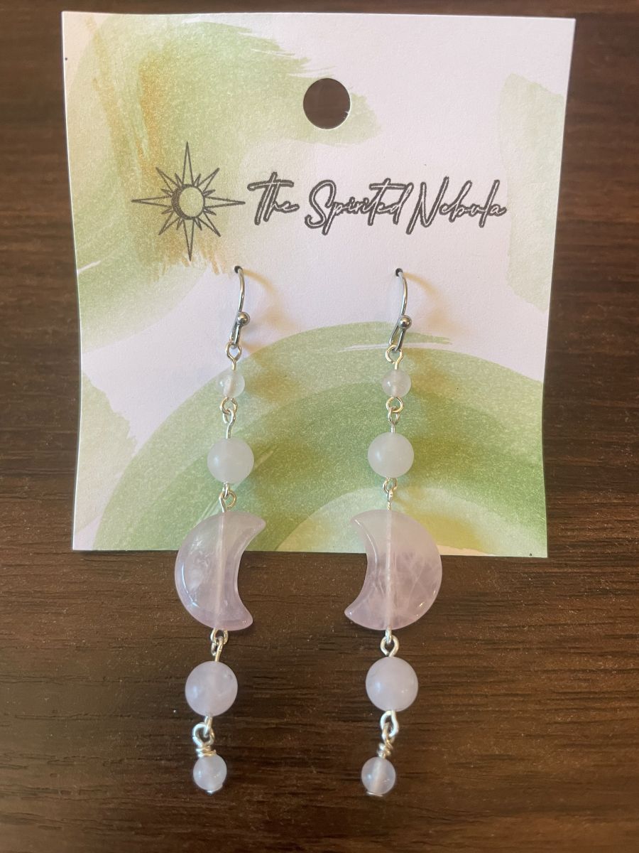 Handmade Earrings, Dangle Rose Quartz Moon Shaped Beads, with Stainless Steel Fishhook Ear Wire - Image 5