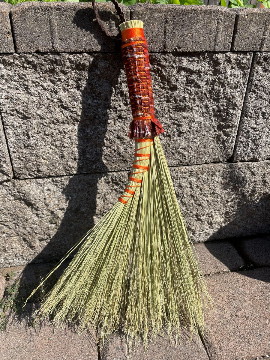 Handmade Turkey Wing 18" Broom with Brown Woven Handle, Braided Leather Hanging Loop - Image 7