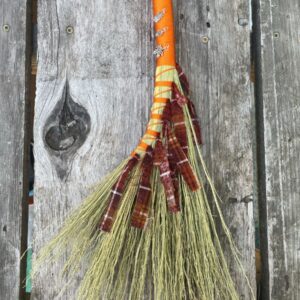 Handmade Turkey Wing 14" Broom with Orange Handle, Fall Charms, Braided Hanging Loop