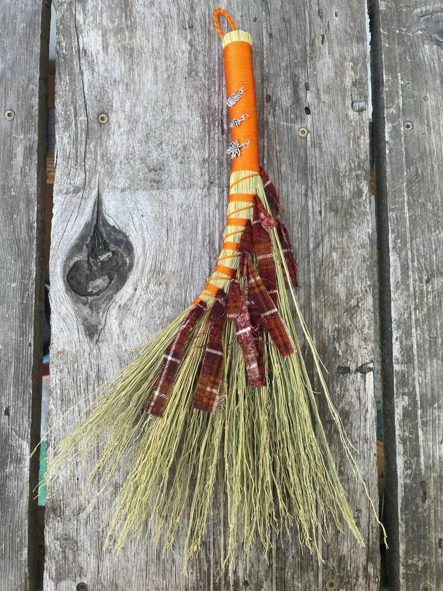 Handmade Turkey Wing 14" Broom with Orange Handle, Fall Charms, Braided Hanging Loop