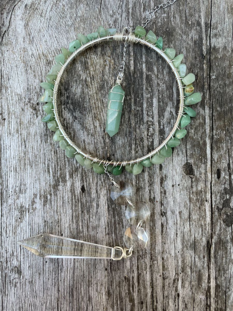 Handmade Wrapped Aventurine Sun Catcher Hoop, Silver Tone Accents - Image 2