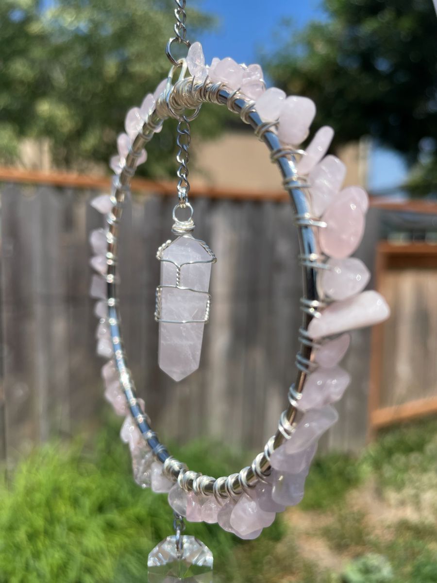 Handmade Wrapped Rose Quartz Sun Catcher Hoop, Silver Tone Accents - Image 6