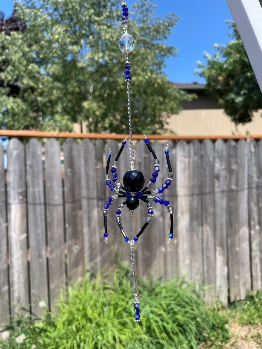 Handmade Hanging Spider Sun Catcher, Black with Blue / Gray Accents, Silver Tone - Image 3