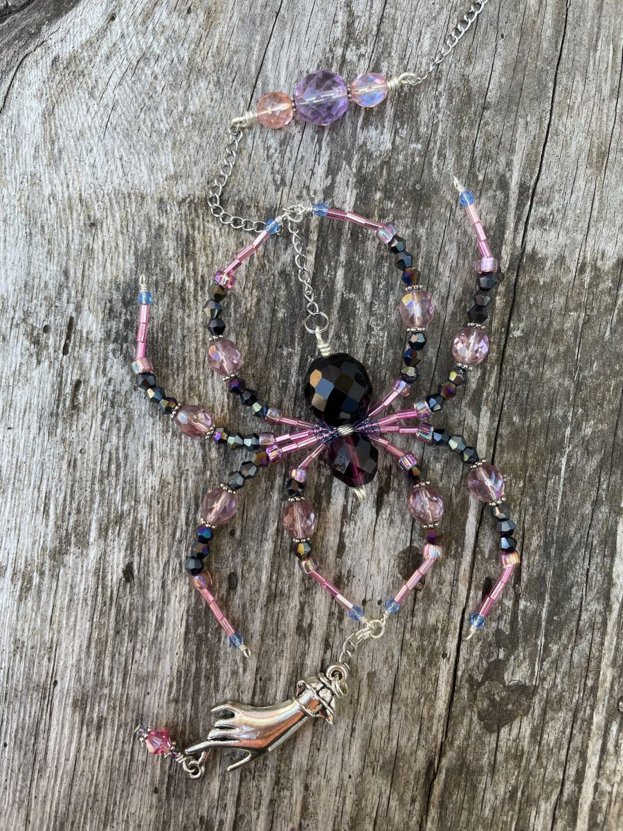 Handmade Hanging Spider Sun Catcher, Pink with Black Accents, Hand Charm - Image 2