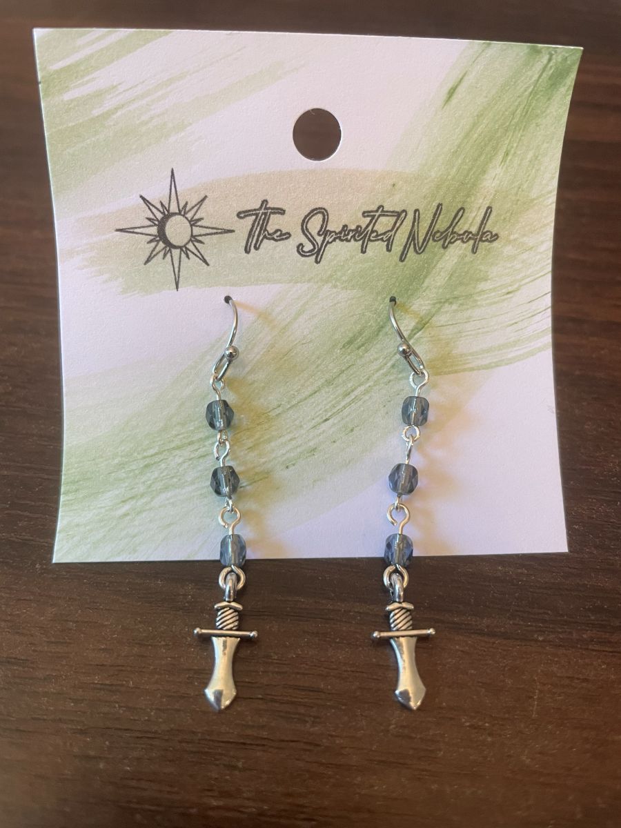 Handmade Earrings, Dangle Gray Glass Beads and Dagger Charm, with Stainless Steel Fishhook Ear Wire - Image 5