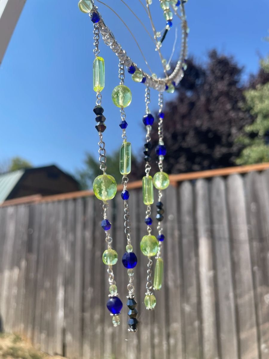 Handmade Spider on Web Sun Catcher, Uranium Glass with Blue Accents - Image 6