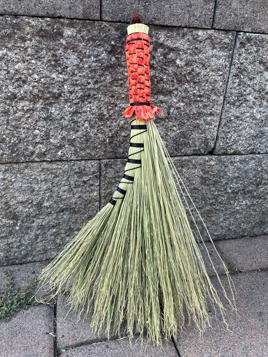 Handmade Turkey Wing 16" Broom with Orange Woven Handle, Leather Hanging Loop - Image 5