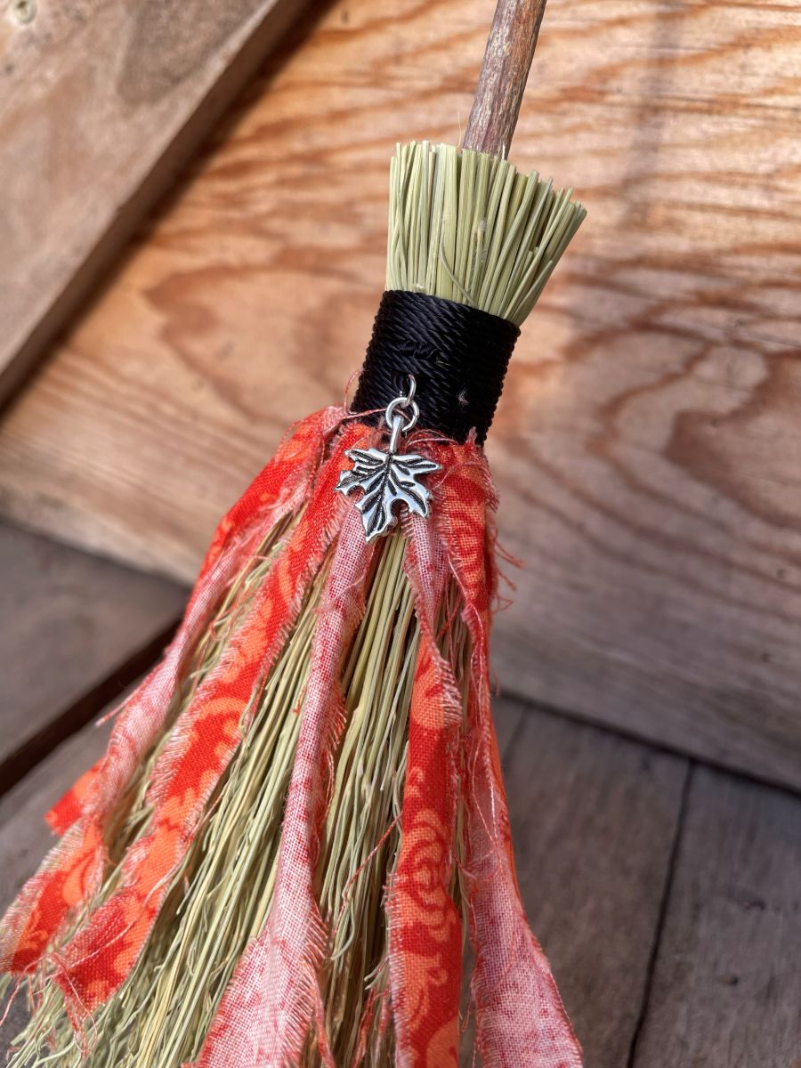 Handmade Wood Handle Small Broom 14", Black Cord and Orange Fabric with Leaf Charm - Image 3