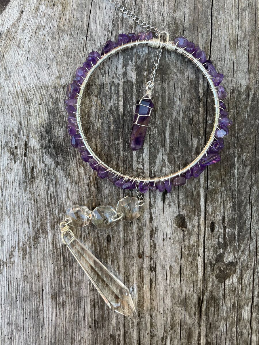 Handmade Wrapped Amethyst Sun Catcher Hoop, Silver Tone Accents - Image 2