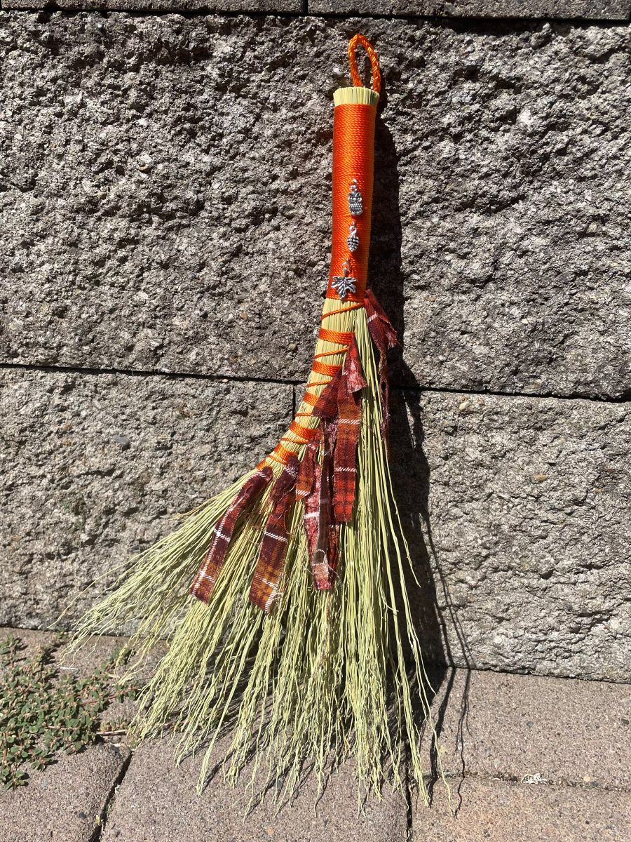 Handmade Turkey Wing 14" Broom with Orange Handle, Fall Charms, Braided Hanging Loop - Image 6