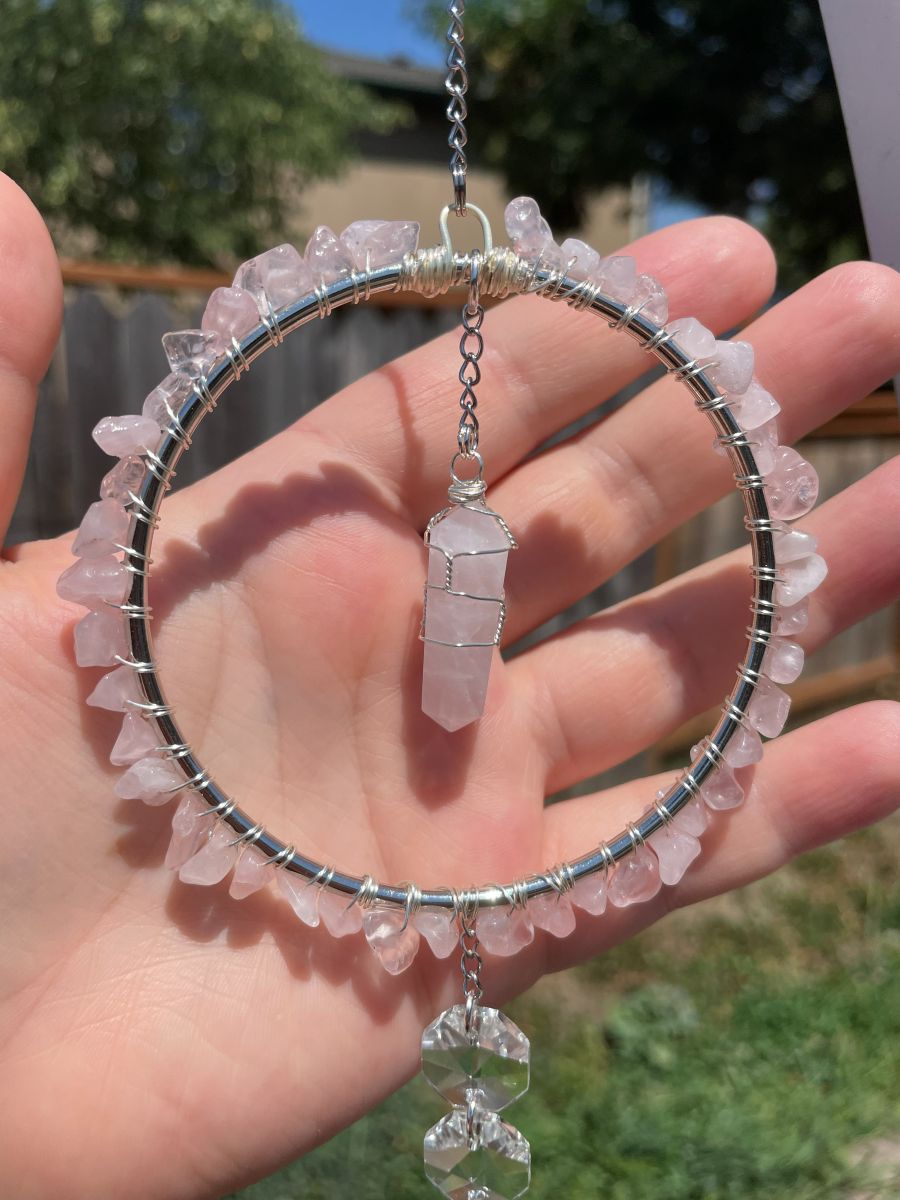 Handmade Wrapped Rose Quartz Sun Catcher Hoop, Silver Tone Accents - Image 7