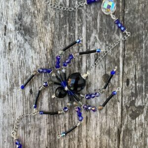 Handmade Hanging Spider Sun Catcher, Black with Blue / Gray Accents, Silver Tone