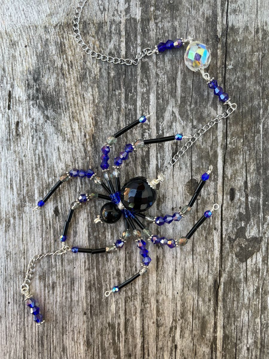 Handmade Hanging Spider Sun Catcher, Black with Blue / Gray Accents, Silver Tone