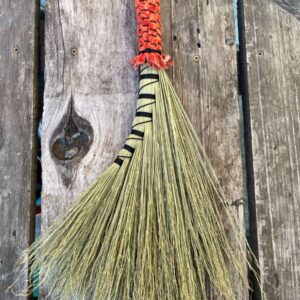 Handmade Turkey Wing 16" Broom with Orange Woven Handle, Leather Hanging Loop