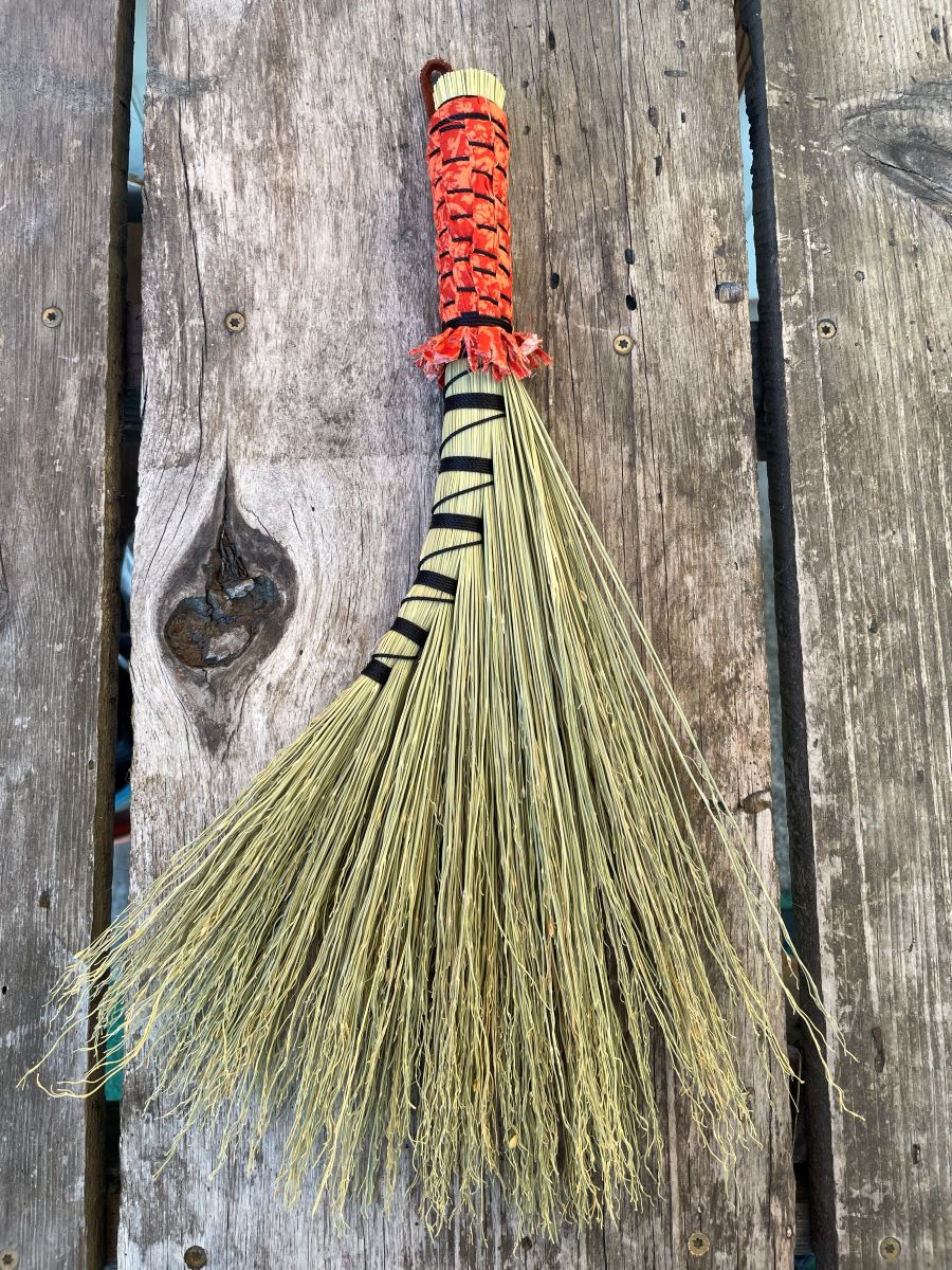 Handmade Turkey Wing 16" Broom with Orange Woven Handle, Leather Hanging Loop