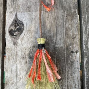 Handmade Wood Handle Small Broom 14", Black Cord and Orange Fabric with Leaf Charm
