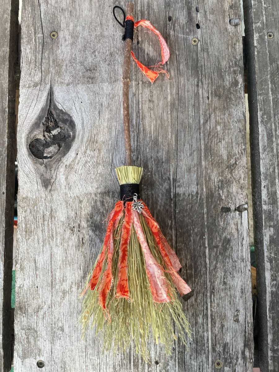 Handmade Wood Handle Small Broom 14", Black Cord and Orange Fabric with Leaf Charm