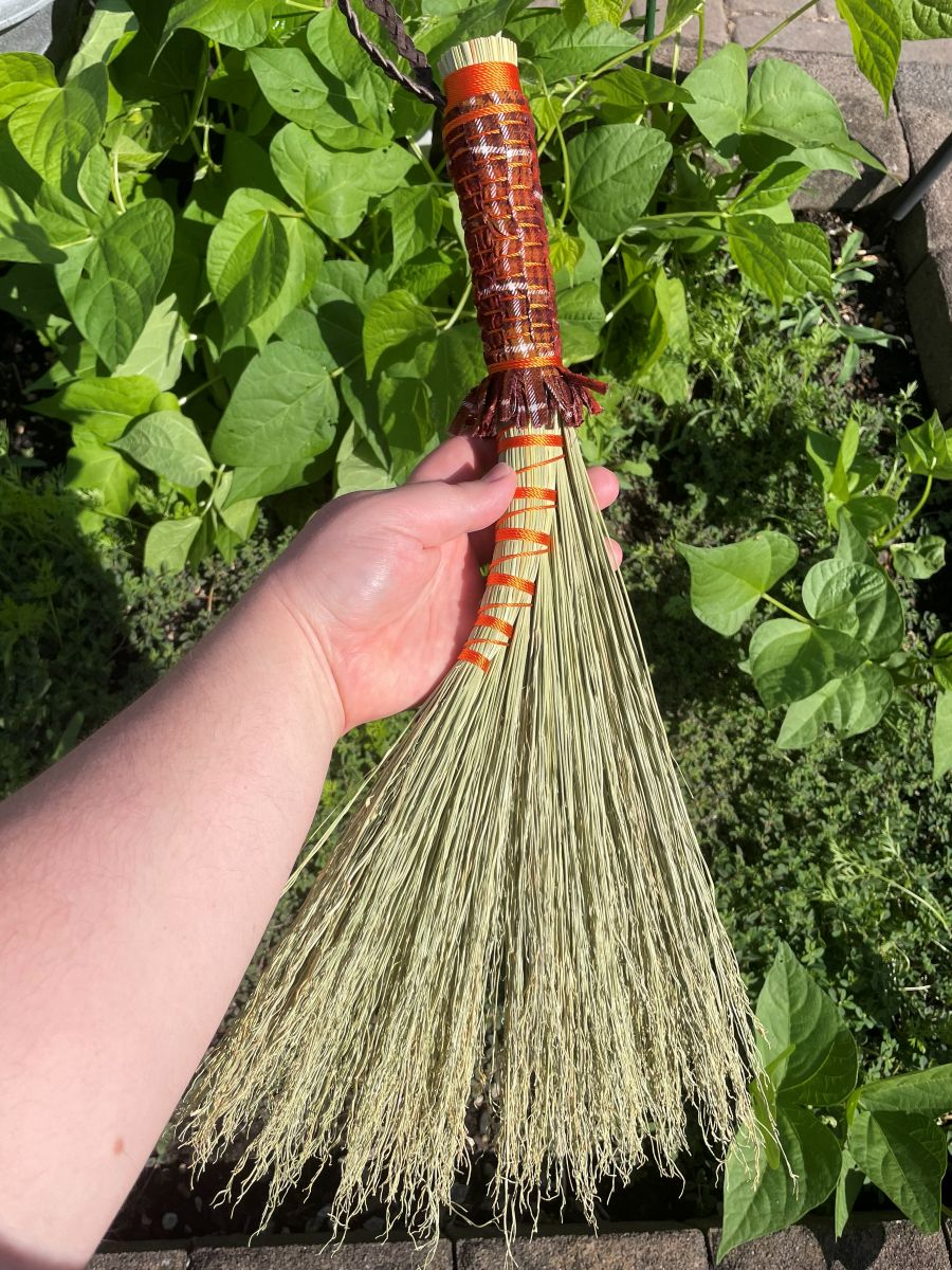 Handmade Turkey Wing 18" Broom with Brown Woven Handle, Braided Leather Hanging Loop - Image 6