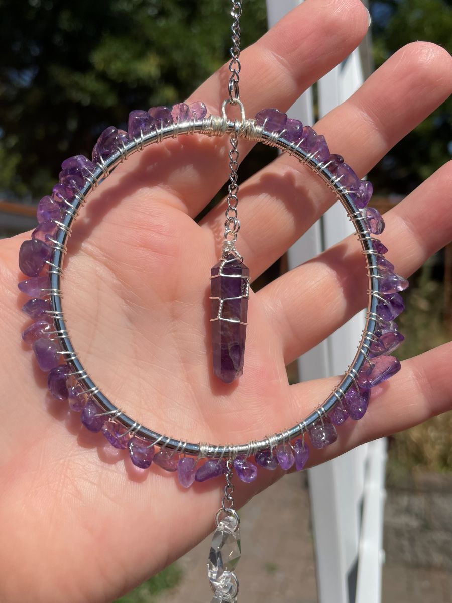 Handmade Wrapped Amethyst Sun Catcher Hoop, Silver Tone Accents - Image 4