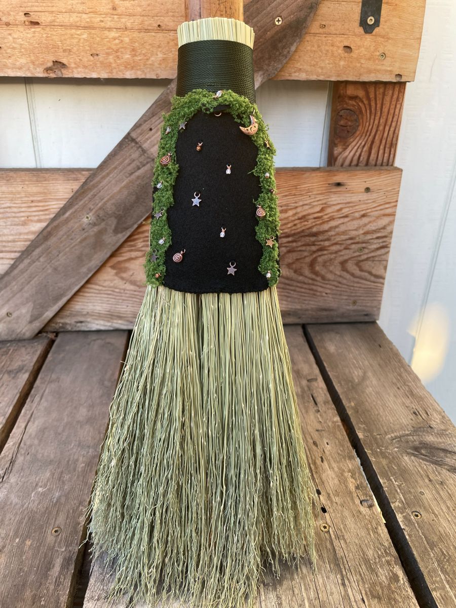 Handmade Decorative Sweeper Broom with Natural Wooden Axe Handle, Forest Green Cord - Image 9