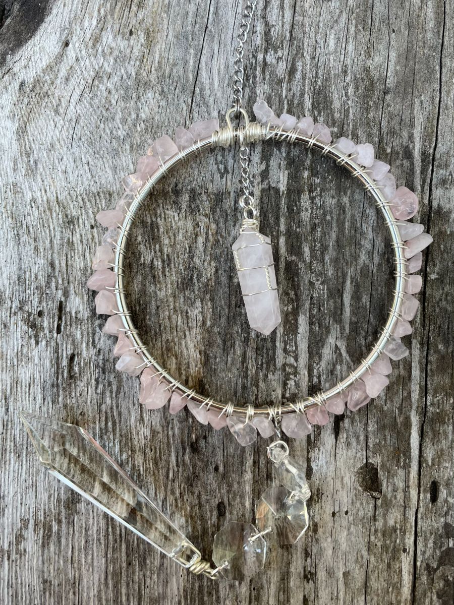 Handmade Wrapped Rose Quartz Sun Catcher Hoop, Silver Tone Accents - Image 2
