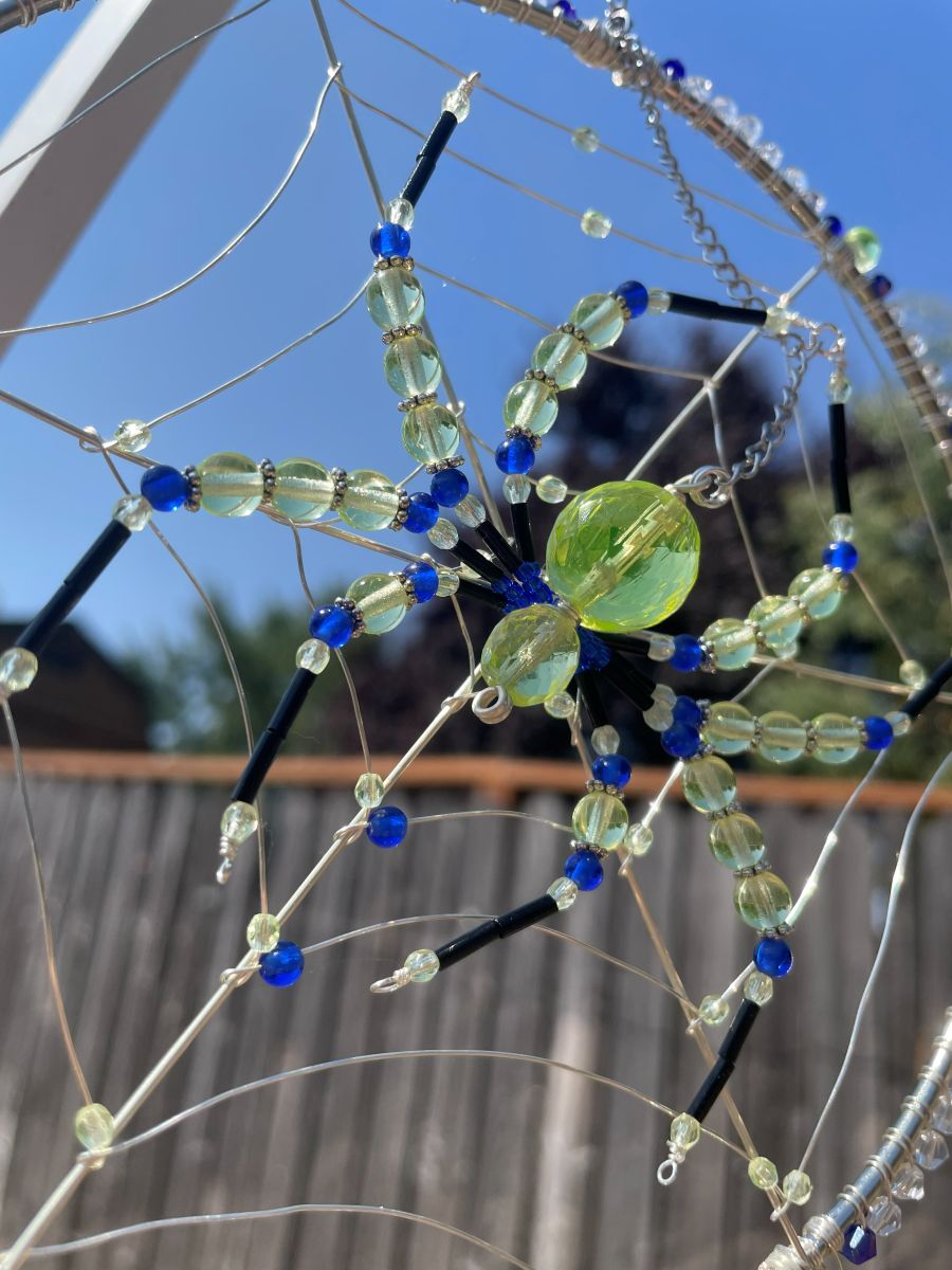 Handmade Spider on Web Sun Catcher, Uranium Glass with Blue Accents - Image 5