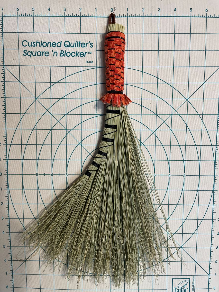 Handmade Turkey Wing 16" Broom with Orange Woven Handle, Leather Hanging Loop - Image 7