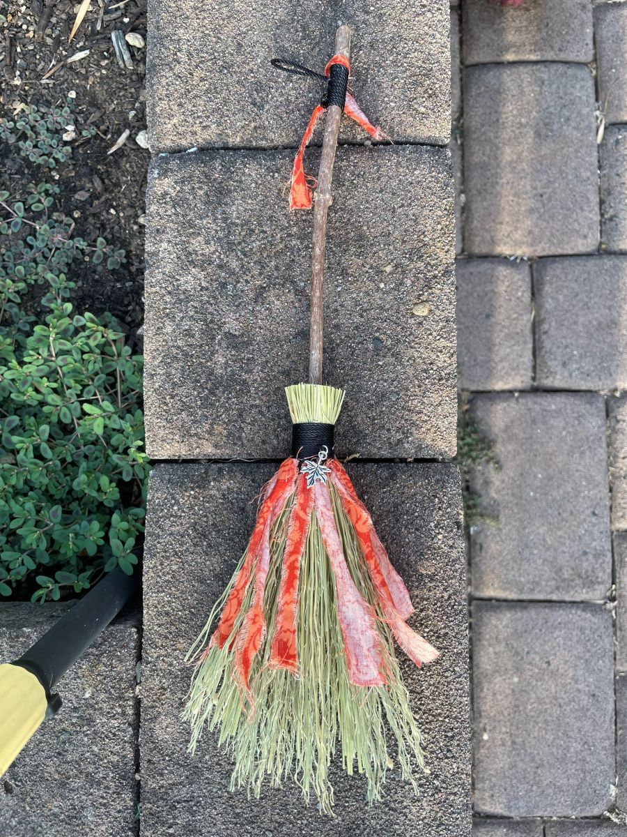 Handmade Wood Handle Small Broom 14", Black Cord and Orange Fabric with Leaf Charm - Image 7