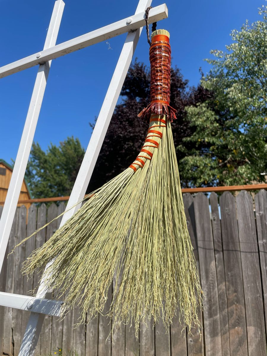 Handmade Turkey Wing 18" Broom with Brown Woven Handle, Braided Leather Hanging Loop - Image 5