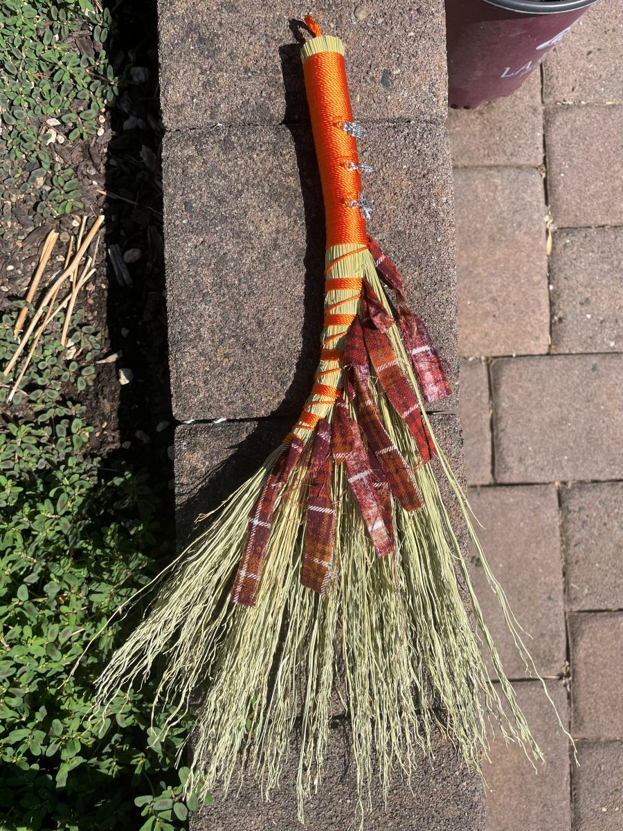 Handmade Turkey Wing 14" Broom with Orange Handle, Fall Charms, Braided Hanging Loop - Image 7