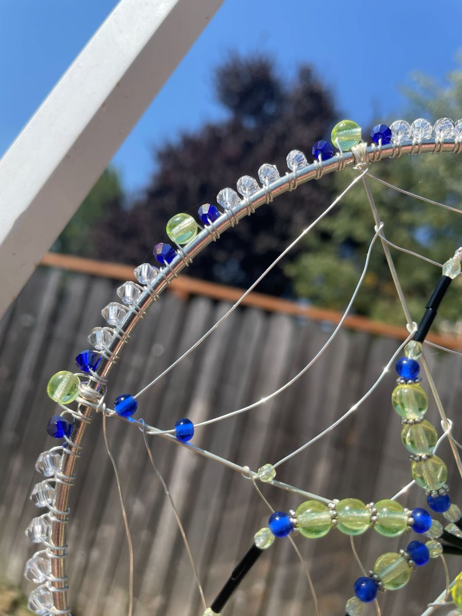 Handmade Spider on Web Sun Catcher, Uranium Glass with Blue Accents - Image 4