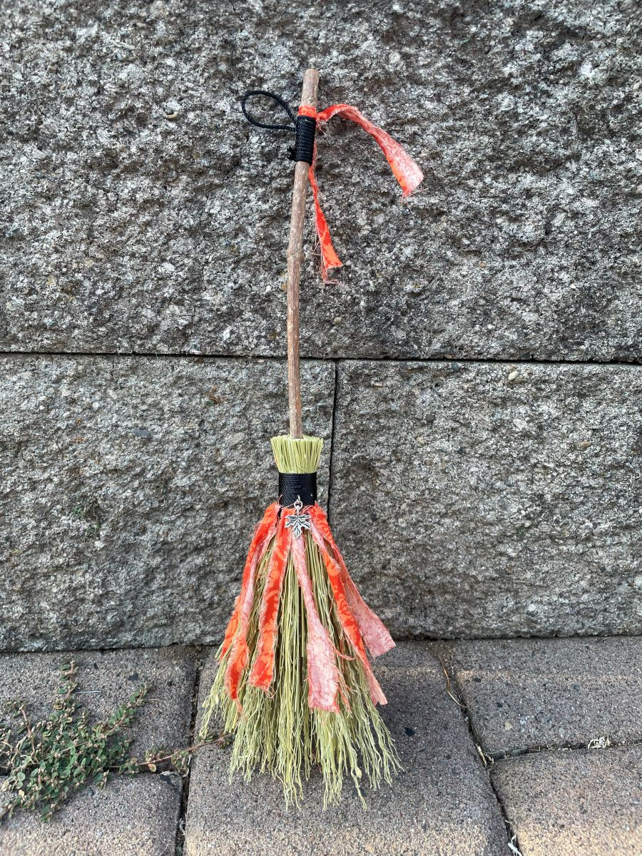 Handmade Wood Handle Small Broom 14", Black Cord and Orange Fabric with Leaf Charm - Image 8
