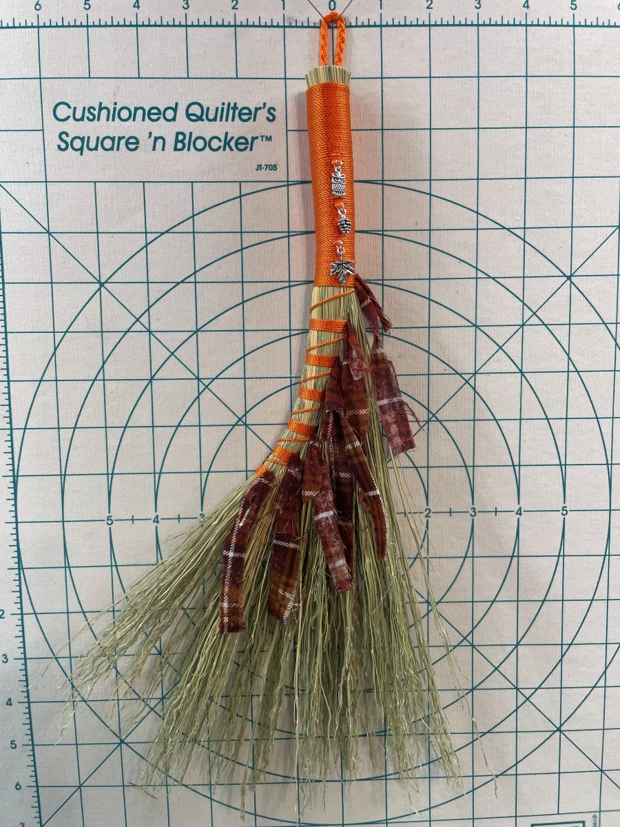 Handmade Turkey Wing 14" Broom with Orange Handle, Fall Charms, Braided Hanging Loop - Image 8