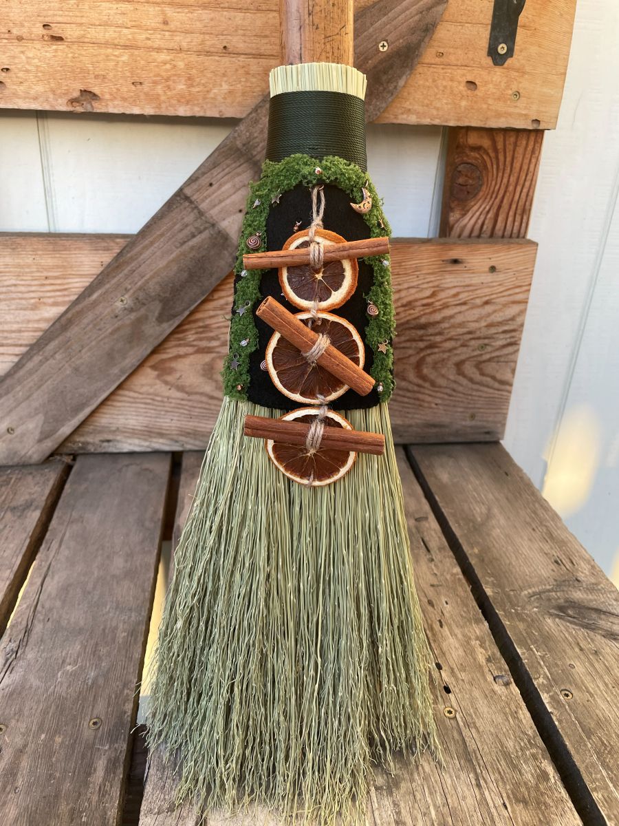 Handmade Decorative Sweeper Broom with Natural Wooden Axe Handle, Forest Green Cord - Image 10