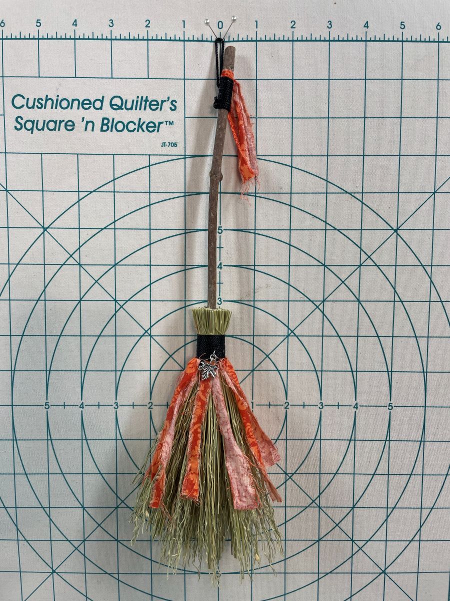 Handmade Wood Handle Small Broom 14", Black Cord and Orange Fabric with Leaf Charm - Image 9