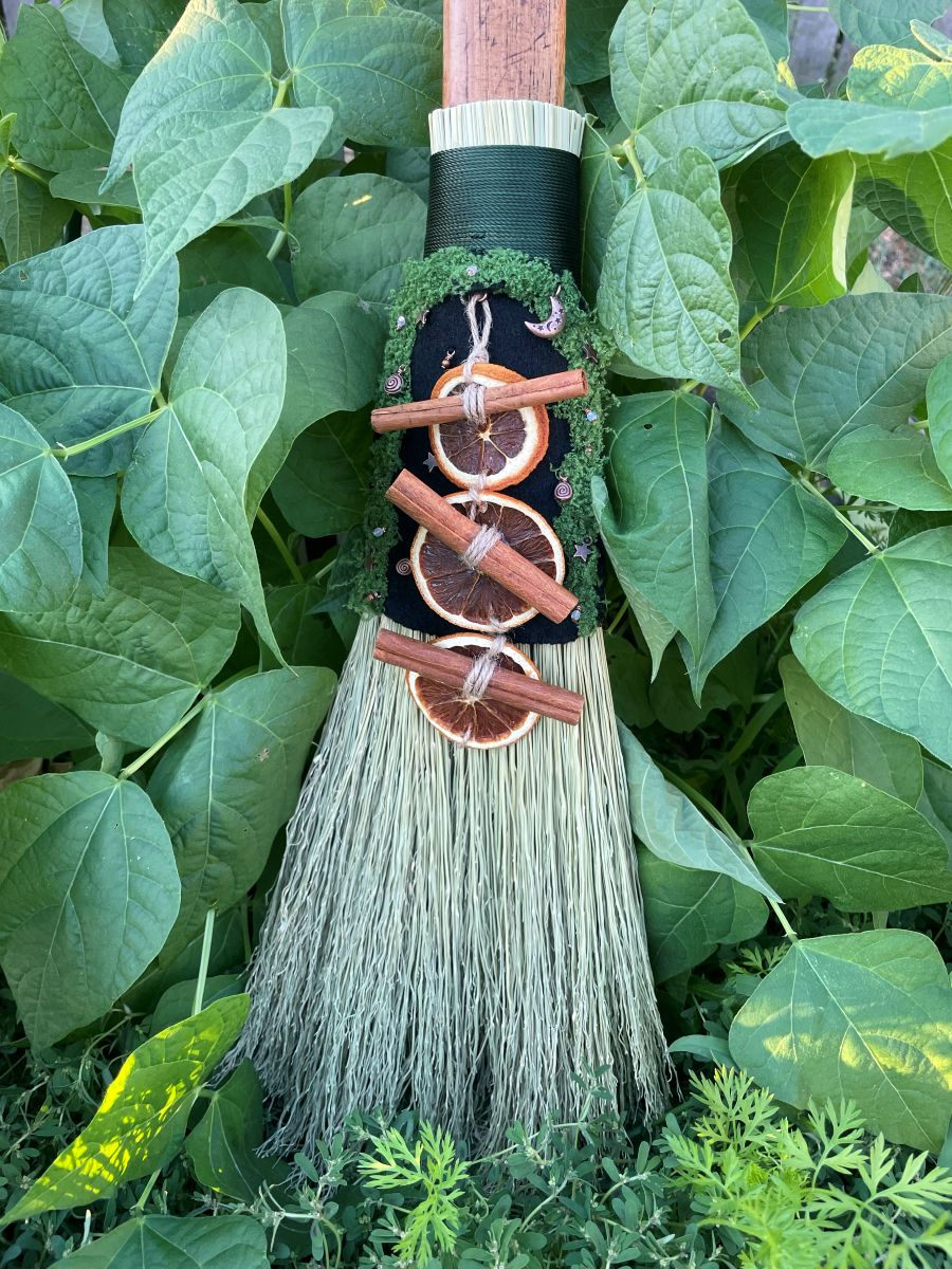 Handmade Decorative Sweeper Broom with Natural Wooden Axe Handle, Forest Green Cord - Image 2