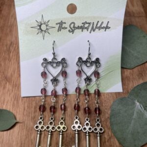 Handmade Earrings Chandelier Style, Purple Beads and Key Charms, with Stainless Steel Fishhook Ear Wire