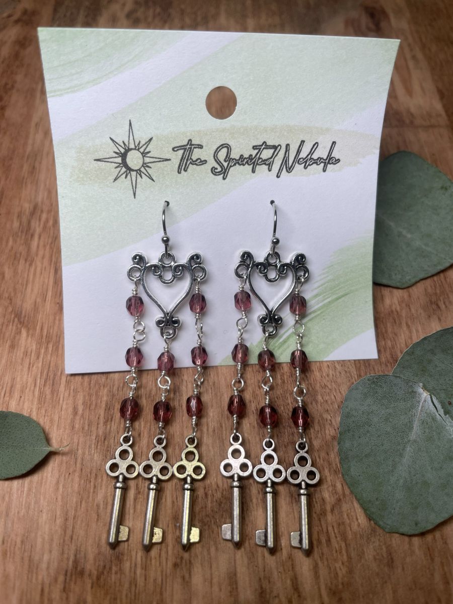 Handmade Earrings Chandelier Style, Purple Beads and Key Charms, with Stainless Steel Fishhook Ear Wire