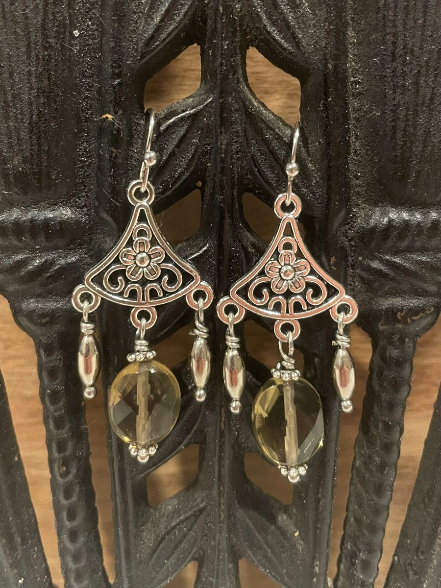 Handmade Earrings Chandelier Style, Faceted Smokey Quartz and Silver Tone Beads, with Stainless Steel Fishhook Ear Wire - Image 4