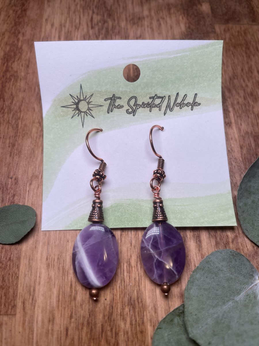 Handmade Dangle Earrings, Chevron Amethyst, with Copper Fishhook Ear Wire