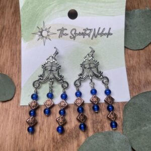 Handmade Earrings Chandelier Style, Czech Blue Glass and Copper Beads, with Stainless Steel Fishhook Ear Wire