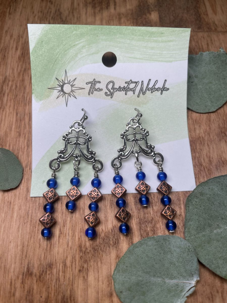 Handmade Earrings Chandelier Style, Czech Blue Glass and Copper Beads, with Stainless Steel Fishhook Ear Wire