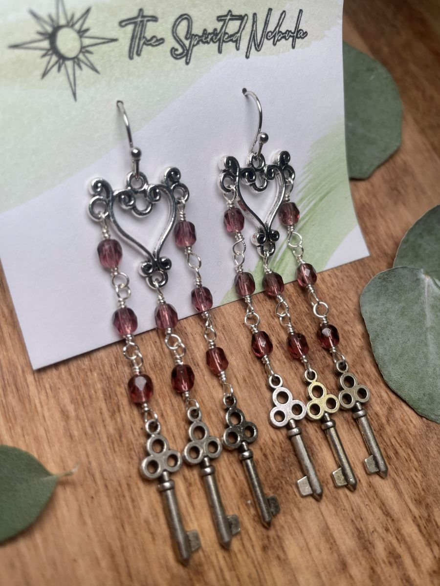 Handmade Earrings Chandelier Style, Purple Beads and Key Charms, with Stainless Steel Fishhook Ear Wire - Image 2