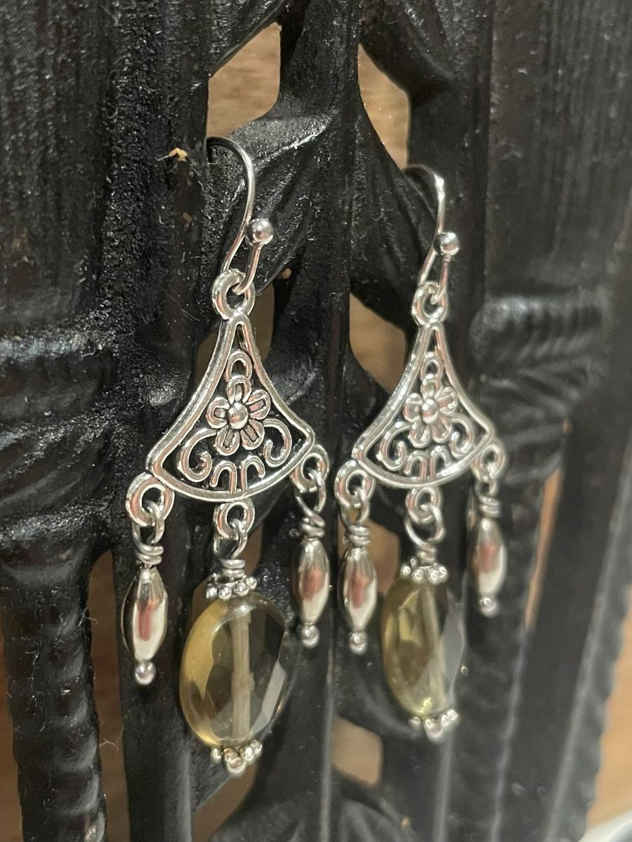 Handmade Earrings Chandelier Style, Faceted Smokey Quartz and Silver Tone Beads, with Stainless Steel Fishhook Ear Wire - Image 5