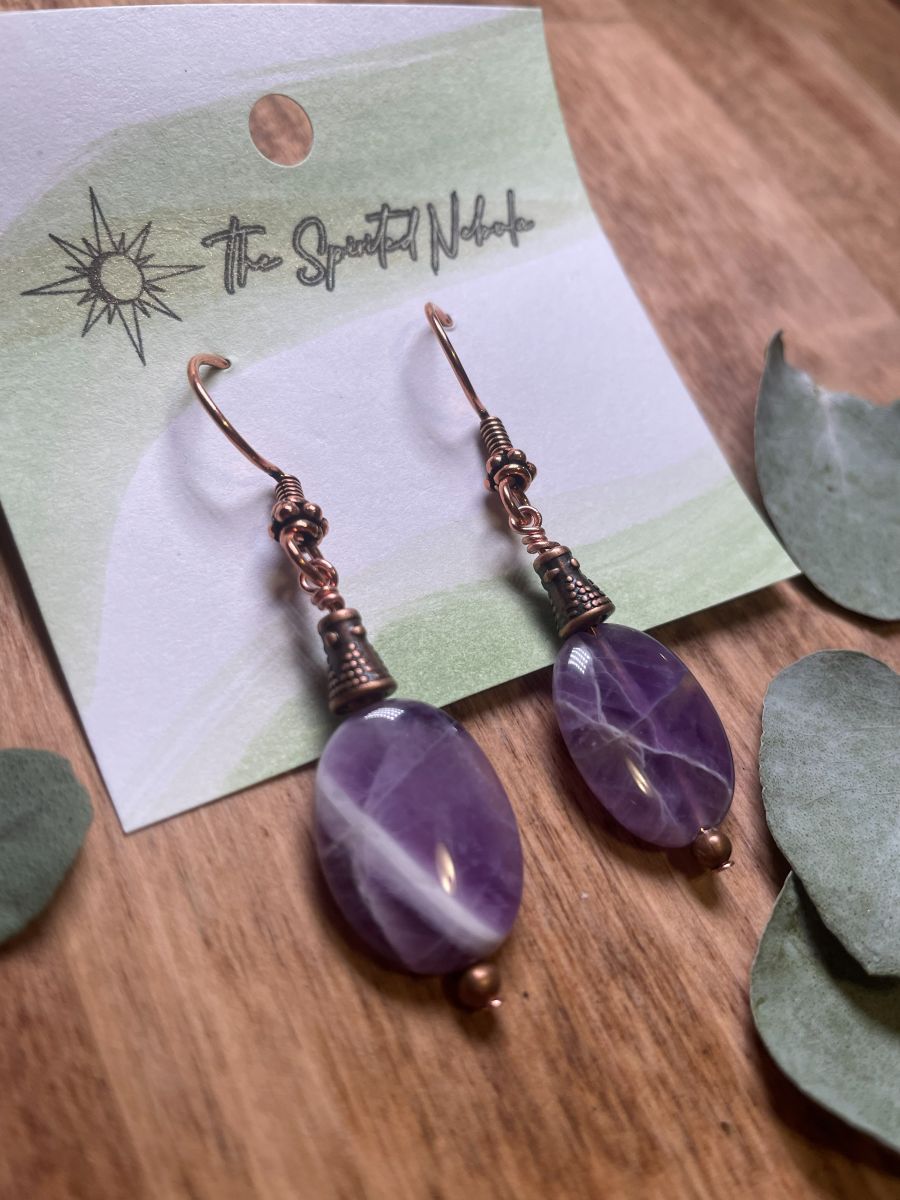 Handmade Dangle Earrings, Chevron Amethyst, with Copper Fishhook Ear Wire - Image 3