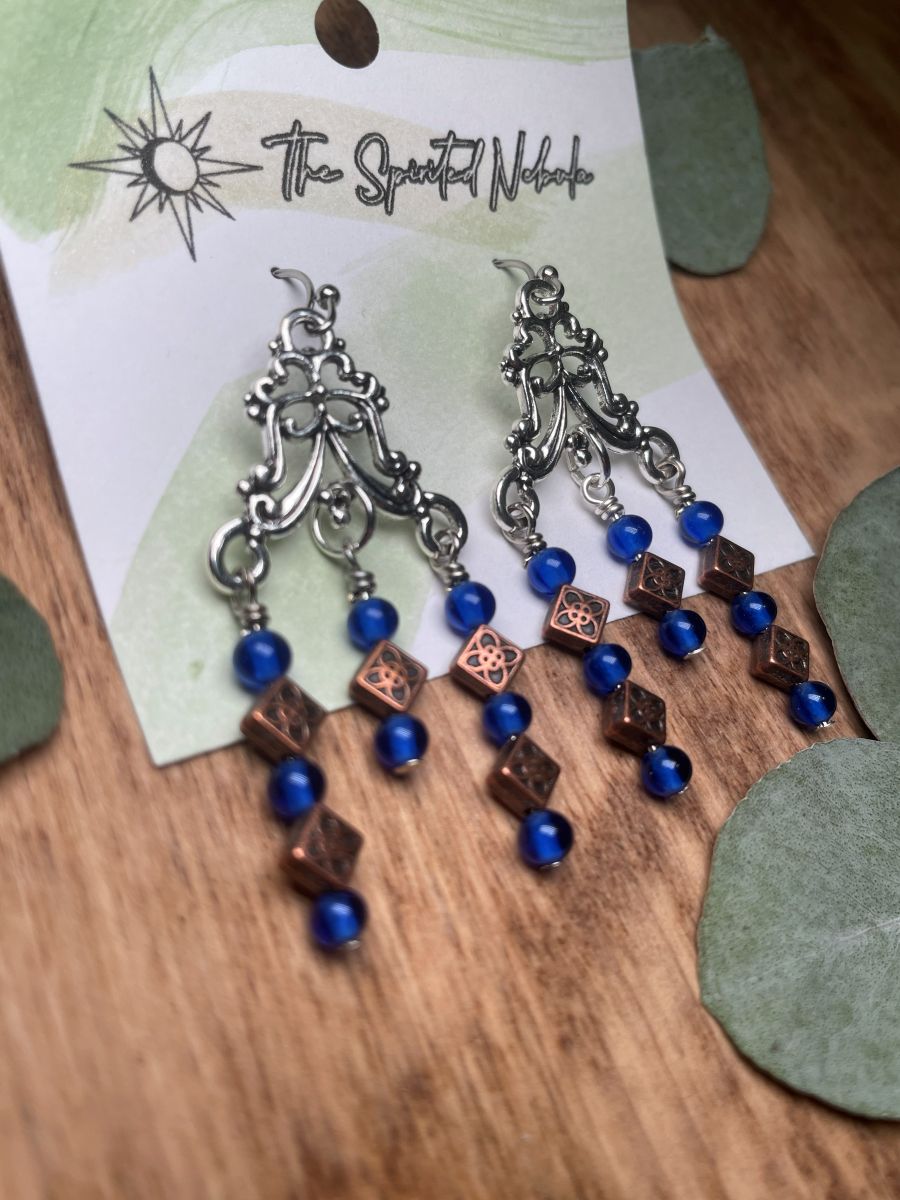 Handmade Earrings Chandelier Style, Czech Blue Glass and Copper Beads, with Stainless Steel Fishhook Ear Wire - Image 3