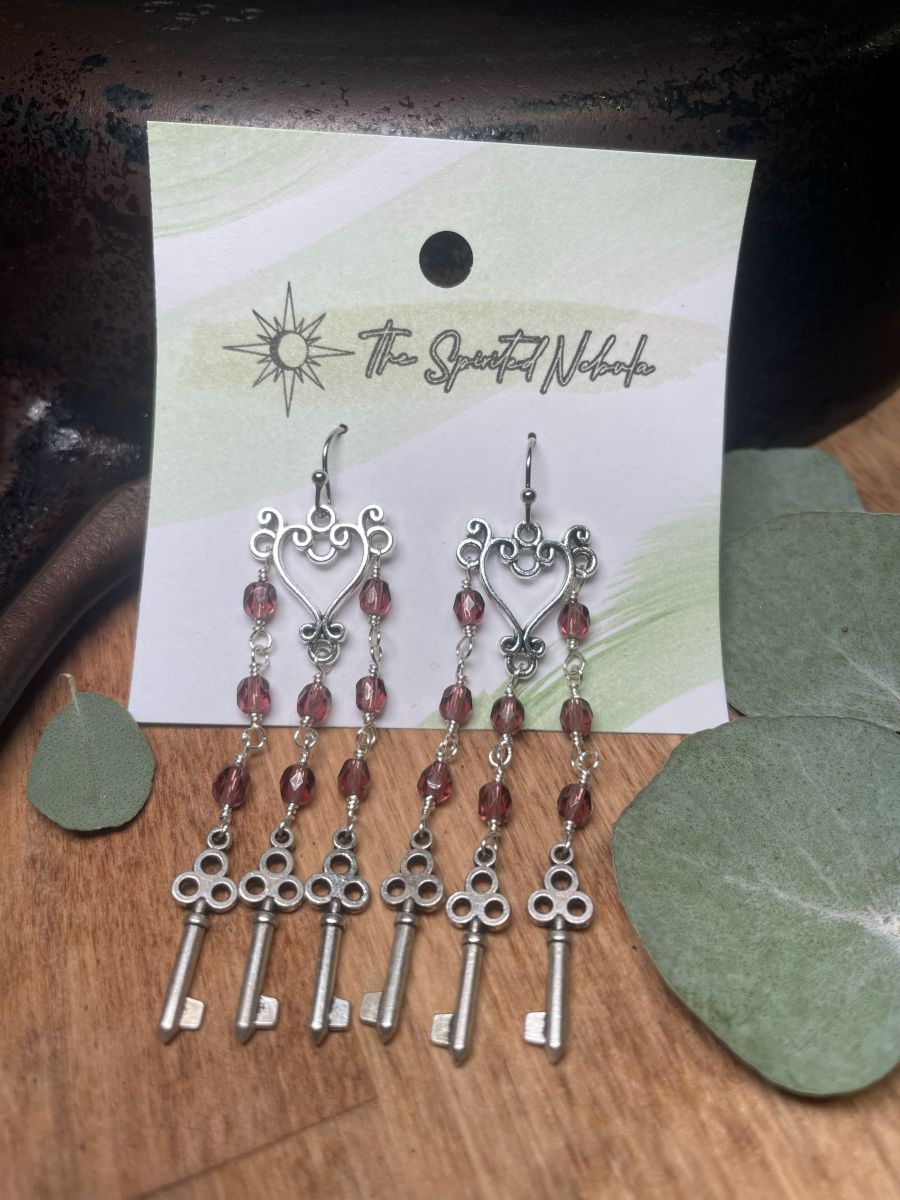 Handmade Earrings Chandelier Style, Purple Beads and Key Charms, with Stainless Steel Fishhook Ear Wire - Image 3